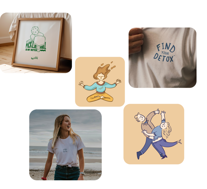 Collage of various items including a framed picture, t-shirts with text, and illustrations on a white background.