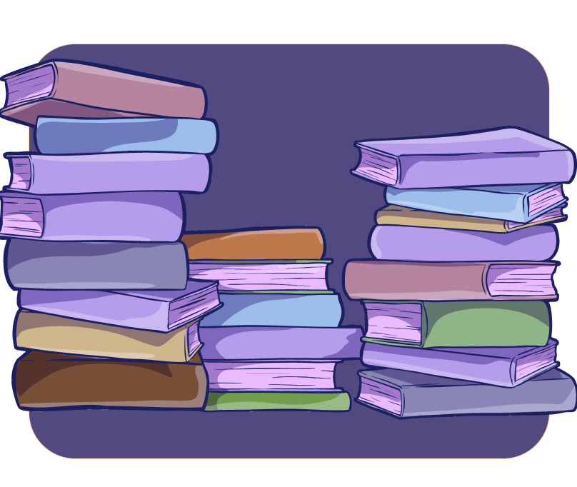 Stacks of books in various colors on a dark purple background
