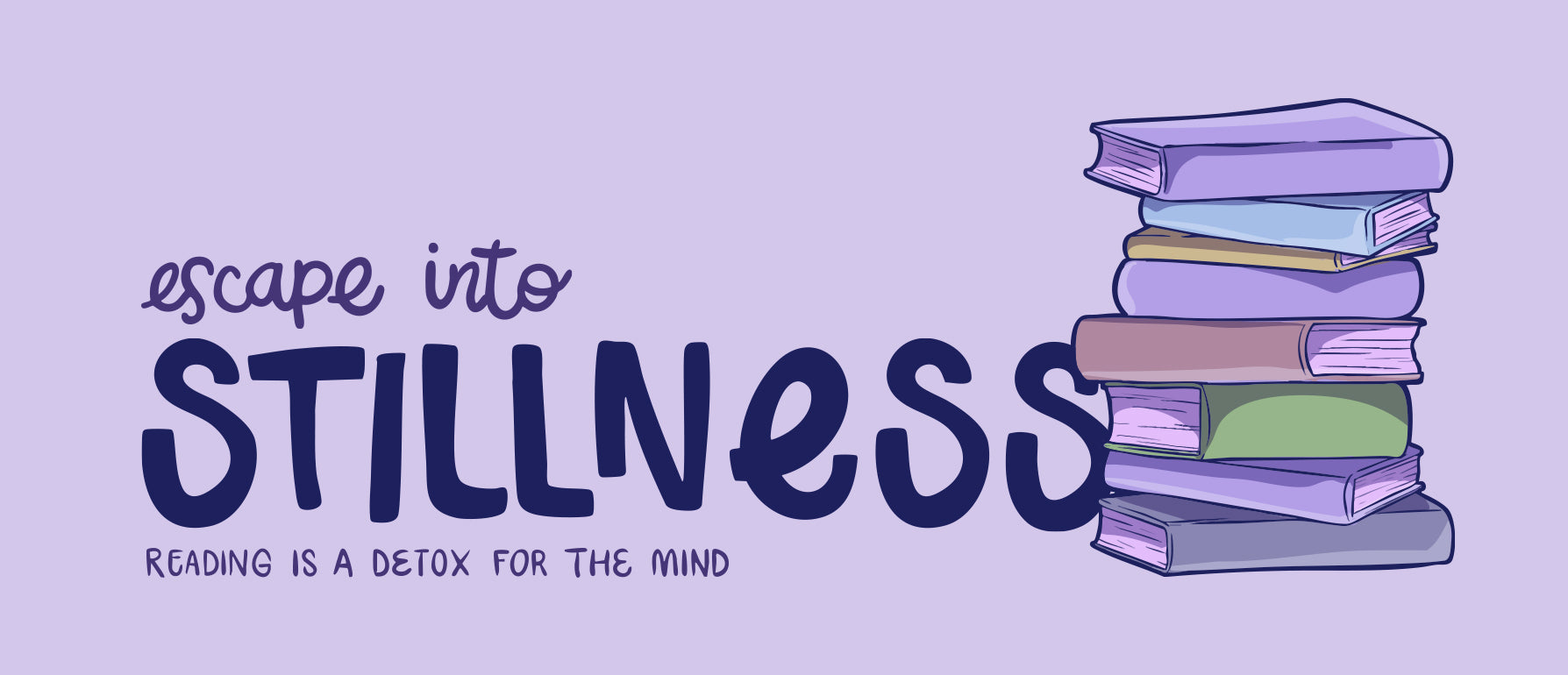 Stack of books with 'escape into stillness' text on a purple background