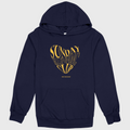 Navy blue hoodie with yellow text on a light gray background