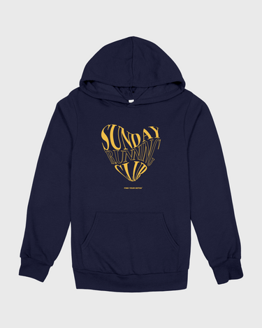 Navy blue hoodie with yellow text on a light gray background