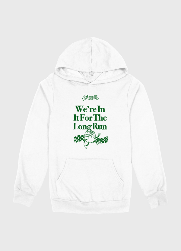 White hoodie with green text and design on a white background