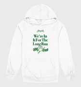 White hoodie with green text and design on a white background