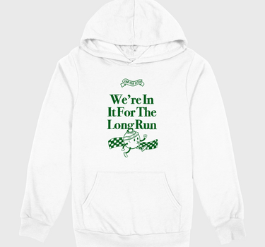White hoodie with green text and design on a white background