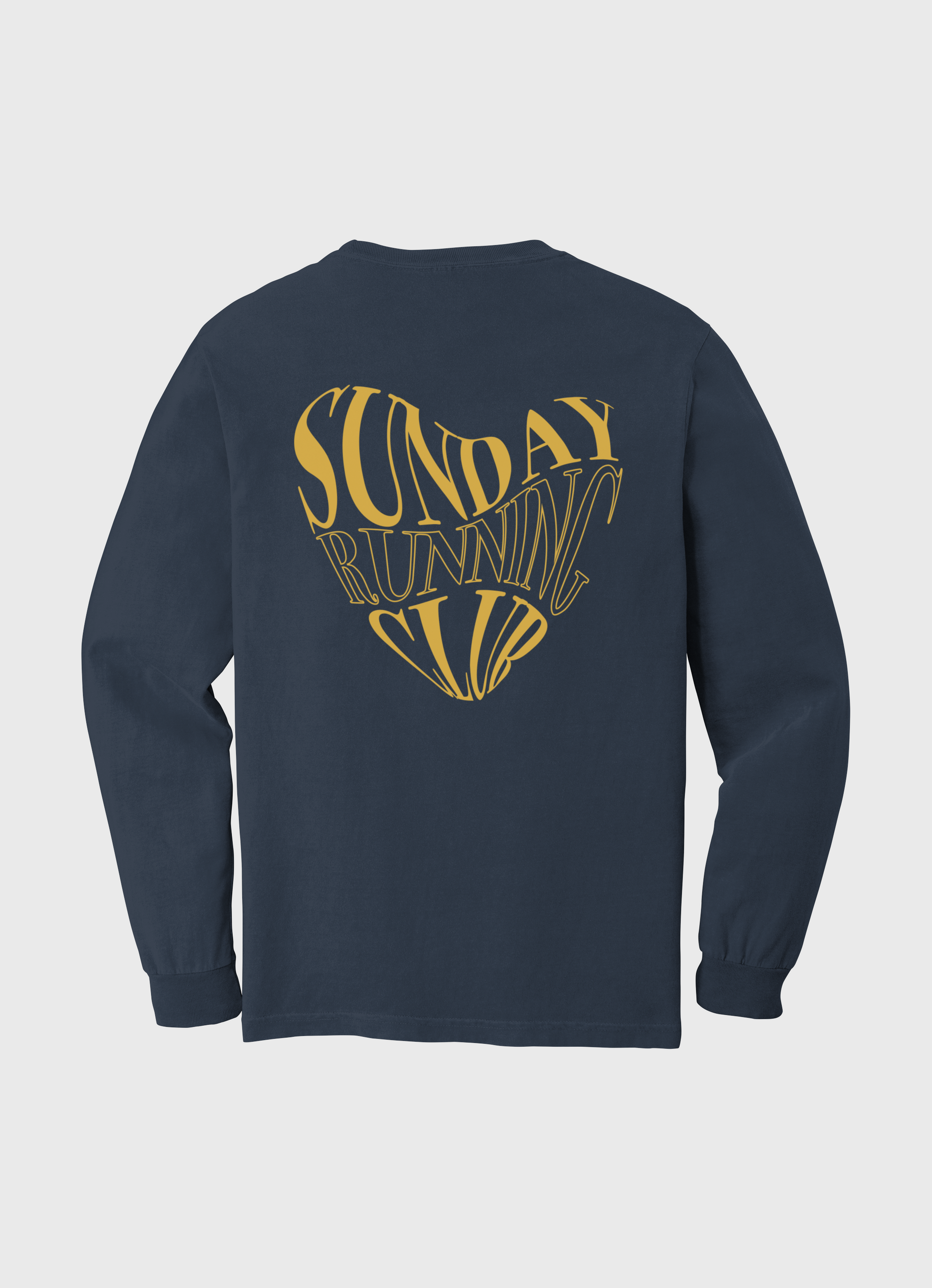 Unisex Midnight long sleeve featuring the phrase Sunday Running Club