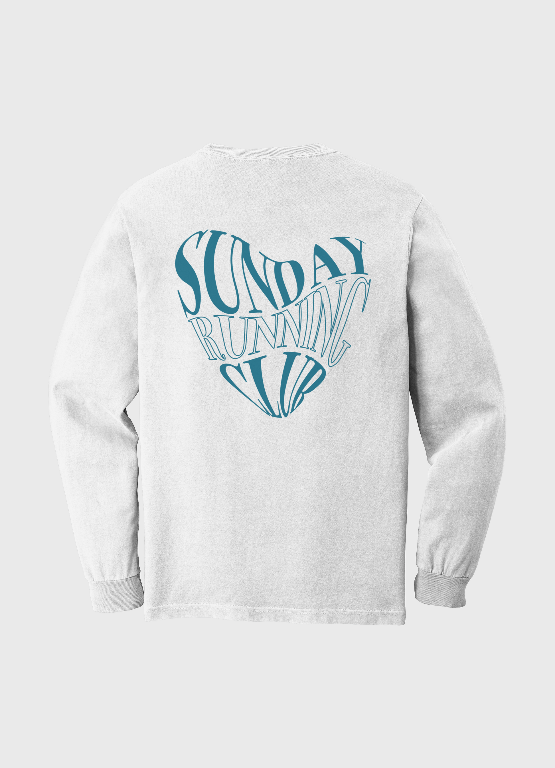 Unisex White long sleeve featuring the phrase Sunday Running Club