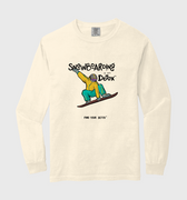 ivory shirt with picture of snowboarder with black text